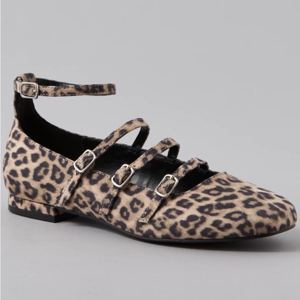 American Eagle Outfitters Leopard-Print Buckled Ankle Flats - Tan & Black 8